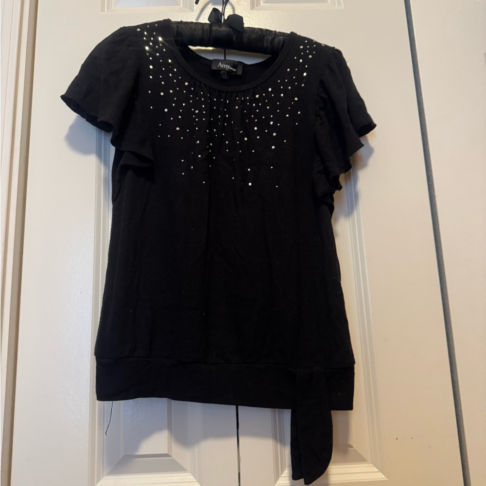 Amy Wear Girls Large Black Top Silver Gems Falling Stars Ribbon Detail